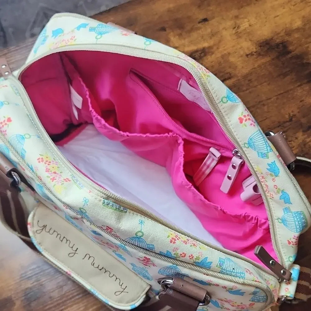 PINK LINING | Yummy Mummy Cream and Brown‎ Floral Blue Birds Baby Diaper Bag